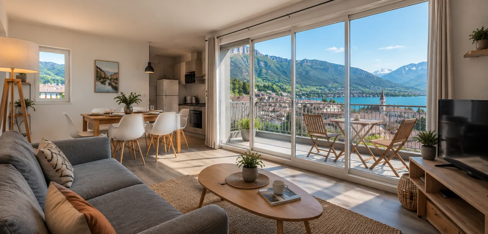 Salon d'un appartement avec vue sur le lac d'Annecy